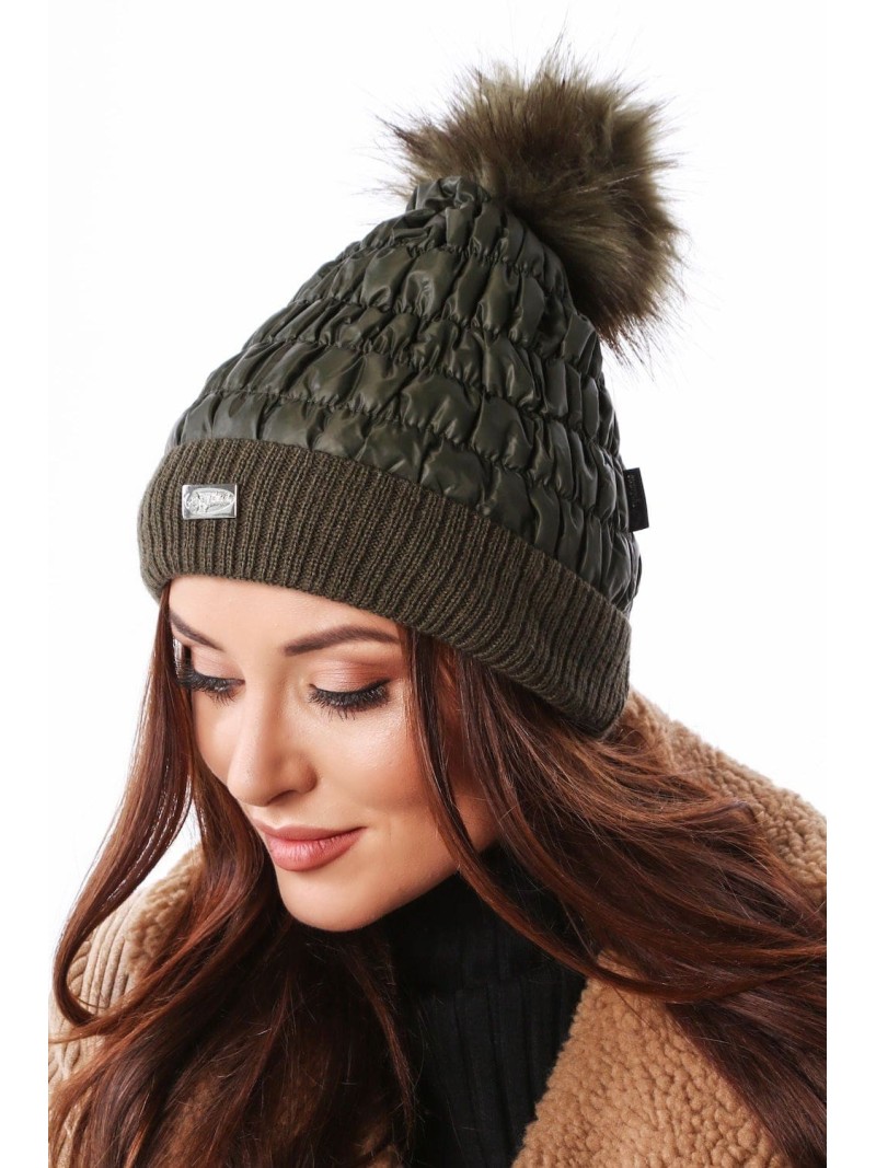 Wintermütze aus Baumwolle mit Bommel, dunkelgrün C31 - Online-Shop - Boutique